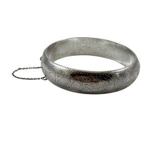Sterling Silver Hinged Bangle Bracelet Etched Scroll Design Safety Chain